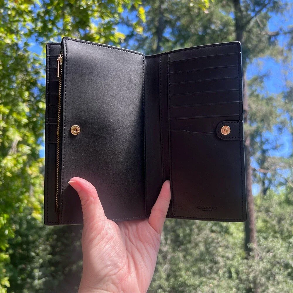 COACH Signature Canvas Bifold Wallet BLACK/BROWN with Gold Hardware AUTHENTIC